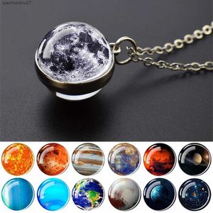 Pendant Necklaces Solar System Space Moon Earth Planet Necklace Double sided Glass Ball Pendant Nebula Necklace Womens Jewelry GiftL2404