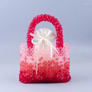 Totes Fashion Simple Gradient Red Women's Bags Handmade Beaded Knitted Crystal Ladies Handbag Casual Versatile Small Square Bag