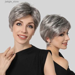 Perucas sintéticas easihair curto pixie cortado perucas sintéticas Bob em camadas de platina cinza prateado com franja diariamente feminina feminina resistente ao calor Y240401