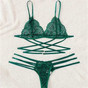 Jkko Pijamas Sexy Lingerie Sexy Bra Conjunto de Bra Green Sexy Lace Sling Bra Set De Bandage Roupa Sleepwear Lingerie Sets Lenceria 2404101