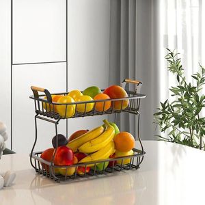 Kitchen Storage Detachable Fruit Basket Bowl With Wooden Handle Metal Snacks Stand Rectangular 2 Tier Vegetable Holder Organizer