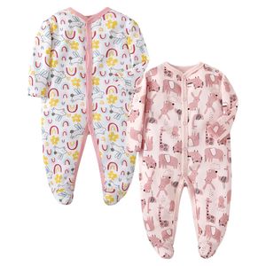 Conjunto de 2 pijamas nascidos de uma peça, 012 meses, bebês, meninas e meninos, pijamas com pés, roupas de algodão da moda, 240325