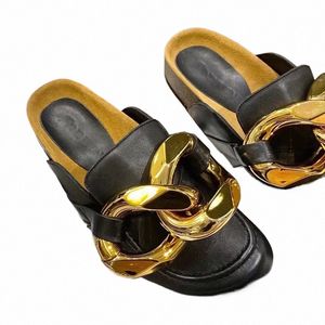 Designer Women JW Loafers Mule slippers London brand JA Sandals Real leather boots Wooden soles flat slipper gold chain Luxury designer shoes