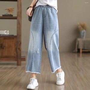 Jeans femininos mulheres verão elástico cintura alta reta larga perna denim calças japão moda luz azul rasgado nono calças