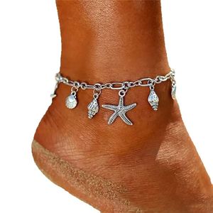 Tornozeleiras boêmias com pingente de estrela do mar, tornozeleiras femininas da moda, cor sier, pulseiras de tornozelo na perna, acessórios de praia boho