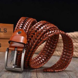 Belts 2022 New Handwoven Mens Vintage Pure Leather 4cm Wide Leisure Needle Button Clothing Fashion Brown Accessories Denim Q240401