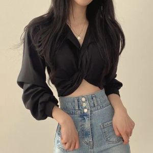 여성 폴로 S Y2K 빈티지 여름 여자 셔츠 캐주얼 긴 소매 활 상단 숙녀 Y 짧은 작물 여성 패션 디자인 달콤한 슬림 드롭 드 드롭 DE OT82U