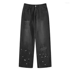 Jeans masculinos denim angustiado hip-hop high street calças compridas bolsos retos botão solto casual diário calças de cowboy