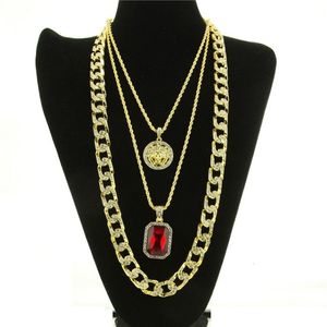 Fashion-Hop Necklace Jewelry New Ruby Pendant Necklace 3Pcs Set Fashion Cuban Link Chain Jewelry Set2524