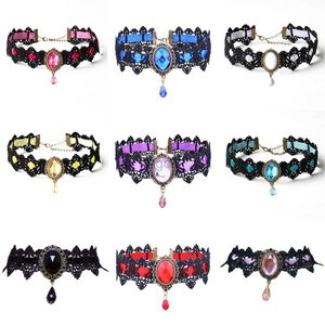 Anhänger Halsketten Gothic Viktorianische Schwarze Spitze Halskette Frauen Mädchen Boho Kristall Quaste Sexy Spitze Choker Steampunk Dark Loli Stil Halloween Schmuck 240330