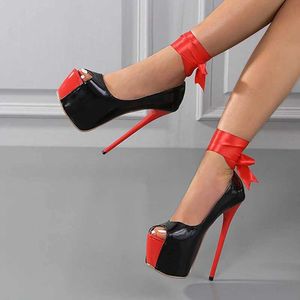 Sapatos de vestido primavera outono vermelho tornozelo cinta plataforma mulheres bombas sexy peep toe slingback salto alto stiletto moda pista pólo sapatos de dança h240401