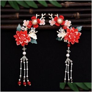 Hair Clips Barrettes 2Pcs Chinese Hanfu Accessories Fairy Red Flower Hairpins Vintage Dress Headwear Long Tassels Clip Noiva Jewelry D Otp2H