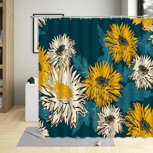 Tende da doccia Fiori Tenda Margherita Bianco Giallo Colore Floreale Foglia Modello vegetale Arredamento bagno Set di panni in poliestere con ganci