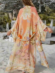 Grundläggande avslappnade klänningar Kvinnor klädklänning v-hals mantel påfågeltryck kimono tunna jacka mode toppar sommar strand bohemia semester slitage 2023 yq240402