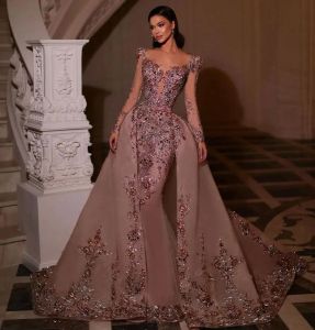 Dresses Luxury Appliqued Mermaid Prom Dresses With Detachable Train Beading Long Sleeve Evening Gown Sequined Formal Dresses