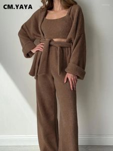 Home Clothing CM.YAYA Woolly Fleece Women's 3-piece Sets 2024 Winter Keep Warm Sleep & Lounge Fashion Wide Leg Suits Chic Pajama Set