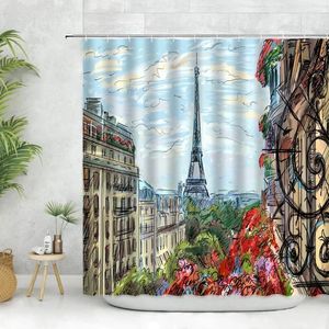 Cortinas de chuveiro cidade paisagem cortina pintada à mão aquarela arquitetura torre cenário arte estética cena de rua casa decoração do banheiro
