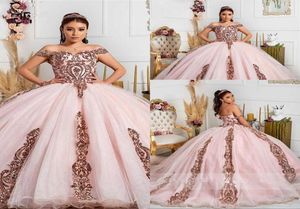 2021 Luxury Rose Gold Blush Pink Sequined Lace Quinceanera Dresses Ball Gown Puffy Off Axel Sequins Sweet 16 Party Prom Dress 6768666