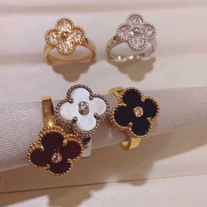 Brand Jewelry Original High version Lucky Clover Ring for Women S925 Silver Natural White Fritillaria Red Chalcedony Full Diamond Color Preserving Jewelry