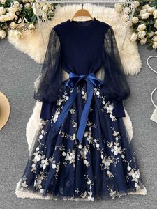 Basic Casual Dresses SINGREINY Spring Floral Knitted Long Dress Women Sleeves Bow Deisgn A Line Patchwork Mesh Embroidery yq240402
