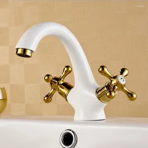 Rubinetti per lavabo da bagno Rubinetto bianco verniciato interamente in rame con doppie maniglie e lavabo freddo monoforo platino