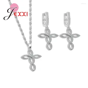 Halsbandörhängen Set tvärformade smycken för kvinnor brudar 925 sterling silver med mikro CZ -inställning hänge