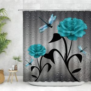 Zasłony prysznicowe Blue Rose Flower Curtain do łazienki z haczykami z poliestrowych produktów do mycia maszynowego Haczyk