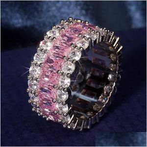 Cluster anéis eternidade rosa safira diamante anel 925 esterlina sier bijou banda de noivado para mulheres nupcial festa fina entrega entrega je dhwcs