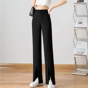 Women's Pants Loose Summer Soft Ice Silk Full Length Slacks Black Wide Leg Asymmetry White High Waist Trousers Women 16400