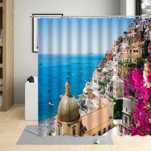 Shower Curtains Greek Town Curtain Set Plant Flowers Sea Landscape Pattern Bathroom Decoration Hanging Bathtub Screen Wall Cloth