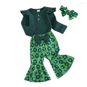 Clothing Sets Baby Girls Irish Day Outfits Long Sleeve Ribbed Romper Flare Pants Headband Set Infant Clothes