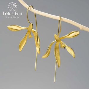 Lotus fun elegante declaração de luxo grande orquídea flor balançar brincos para mulheres real 925 prata esterlina casamento jóias finas 240401