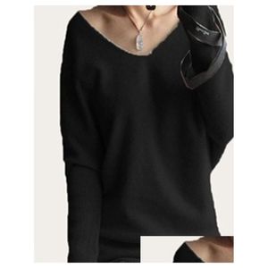 Kadın Sweaters Bahar Sonbahar Kaşmir Kadın Moda Y V-Neck Plover Gevşek% 100 Yün Batwing Sleeve Artı Boyut Örme Üstler Delme Dhg5n