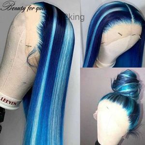 Lång mjuk blå spets främre mänskliga hår peruker för kvinnor rak HD transparent frontala peruk syntetiska förplukt G327