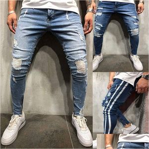 Mens Jeans Side Striped Blue Ripped Denim Long Trousers Died Washed Biker Cool Slim High Street Pants Drop Delivery Apparel Clothing Dhx1N