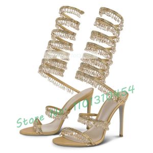 Sandaler Crystal Pendant Long Sandals Women Luxury Bling Snake Strap Stiletto High Heels Shoes 2023 Elegant Sweet Wedding Evening Sandals