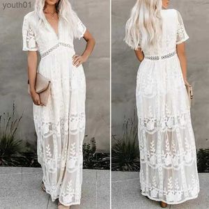 Basic Casual Dresses Summer Boho Women Maxi Dress Loose Embroidery White Lace long Tunic Beach Vacation dresses for women 2022 evening yq240402