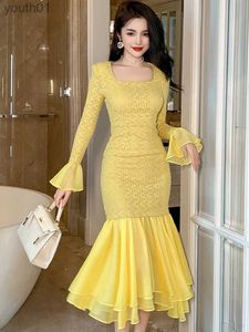 Basic Casual Dresses Womens French Girls Style Prom Celebrity Yellow Knitted Elastic Ruffles Fishtail Robe Party Catwalk Vestidos Spring yq240402