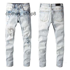 Denim Amiirs Jeans Designer Calças Homem Queda Moda Marca New Mens Preto Quebrado Bordado Remendo Elástico Slim Fit Leggings Cor Clara Q8PT