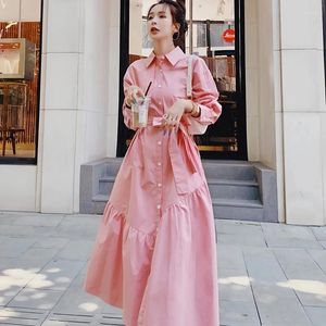 Casual Dresses Pink Long-Sleeved Dress Women's Spring 2024 Korean Retro Chic Long Shirt Single-Breasted Solid Vestidos Female