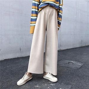 Women's Pants L-6XL Elastic Waist Ankle-Length Wool Wide Leg 2024 Autumn Winter Fashion Women Office Lady Loose High Simple