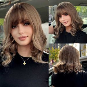 Synthetic Wigs EASIHAIR Ash Brown Blonde Short Wavy Synthetic Wigs with Bangs Natural Bob Hair Wig for Women Daily Cosplay Party Heat Resistant Y240401