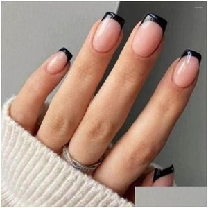 Yanlış Tırnaklar 24 PCS tırnak ipuçları sahte nials diy manikür kısa kare siyah kenar fransız damla dağıtım sağlığı güzellik sanat salonu dhzgx