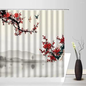 Duschgardiner Cherry Blossom Japanese Plum Flower Mountain Asian Traditionell bläckmålning Vintage Chinese Style Badrumdekor