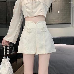 Women's Shorts 2024 Chinese Style Jacquard Summer High Waist Slim Wide Leg A-line Short Pants Female Casual Black