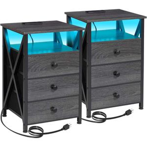 AMHANCIBLE Night Stand Set 2 LED Mesa de cabeceira com estação de carregamento Mesas laterais Porta USB Saída Mesa de cabeceira Gavetas de tecido Quarto Sala de estar Cinza escuro