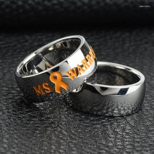 Cluster Rings PBR014(1) Titanium Steel Enamel Letter "MS & Warrior" Carved Orange Ribbon Campaign ADHD/Kidney Cancer Awareness Finger Ring