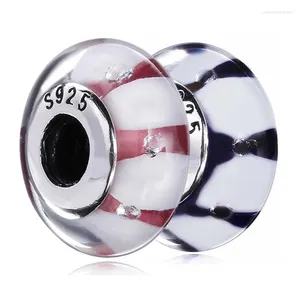 Loose Gemstones Real Black & Pink With White Stripe Lampwork Murano Glass Charm 925 Sterling Silver Beads Fit Bracelet DIY Jewelry