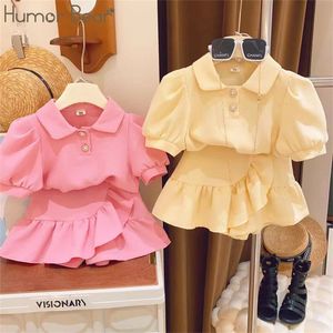 Humor Bear Summer Puff Sleeved Short Sleeved ShirtShort Skirt 2Pcs Kid Clothes Children Girl Suit For 2-6 Years 240326