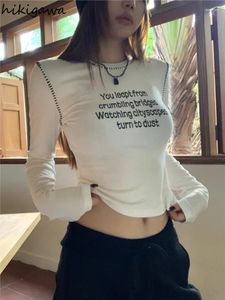 T-shirt da donna bianca Y2k donna magliette 2024 Ropa Mujer lettera manica lunga tunica Tees Crop Tops moda casual coreana T-shirt per le donne